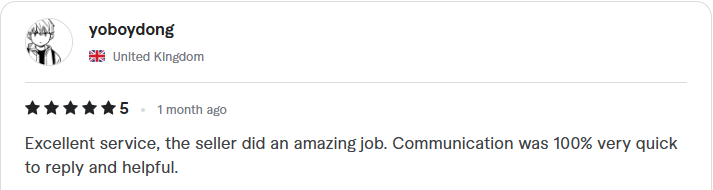 Review from yoboydong: five stars, excellent service, amazing job, quick and helpful communication
