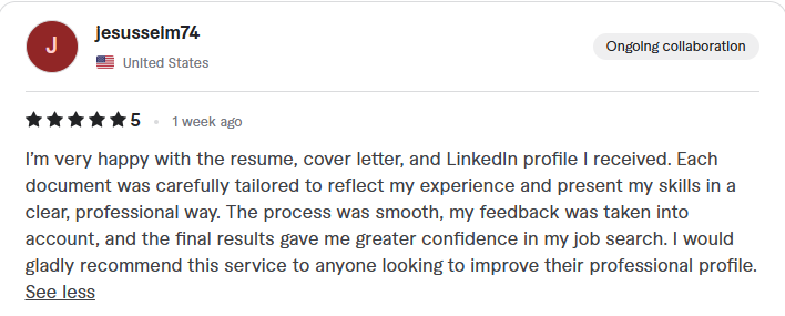 Review from jesusselm74: five stars, happy with the resume, cover letter, and LinkedIn profile received