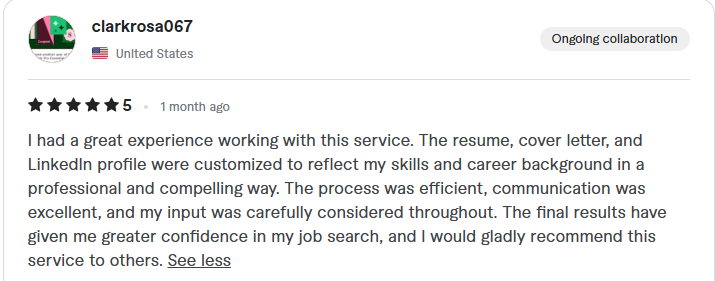 Review from clarkrosa067: five stars, great experience, resume, cover letter, and LinkedIn profile customized well