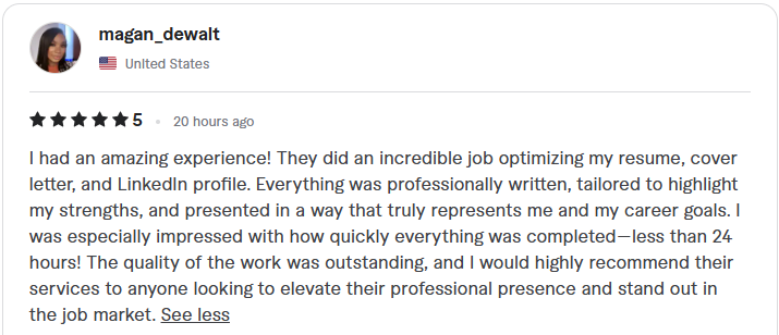 Review from magan_dewalt: five stars, amazing experience, resume, cover letter, and LinkedIn profile optimized quickly