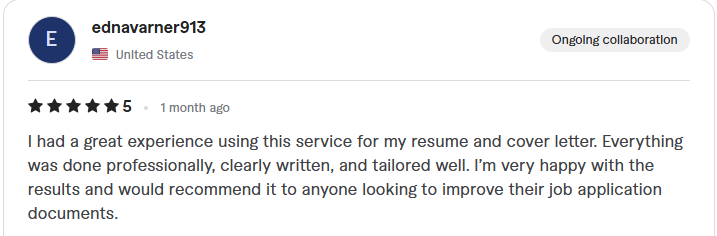 Review from ednavarner913: five stars, great experience for resume and cover letter, professionally written and tailored