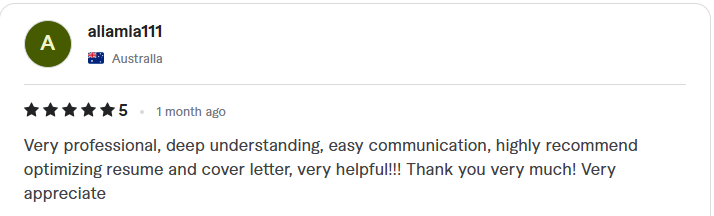 Review from allamla111: five stars, very professional, deep understanding, easy communication, highly recommend
